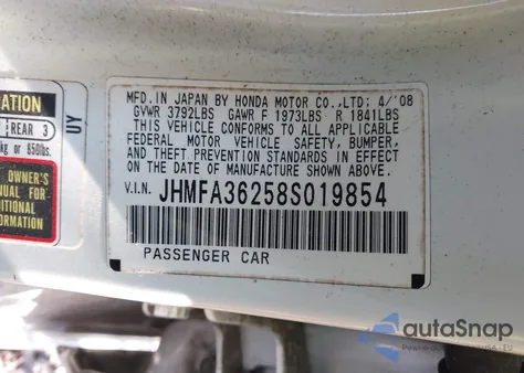 2008 Honda Civic Hybrid from USA, damaged, VIN JHMFA36258S019854